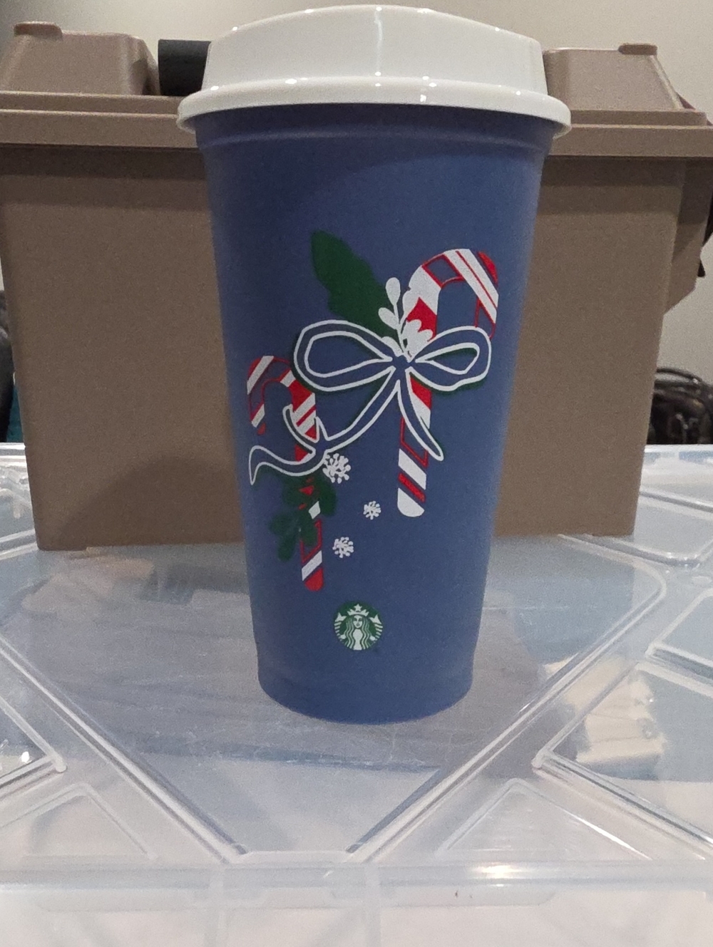 Starbucks Blue Holiday Tumbler with Candy Cane Bow Design